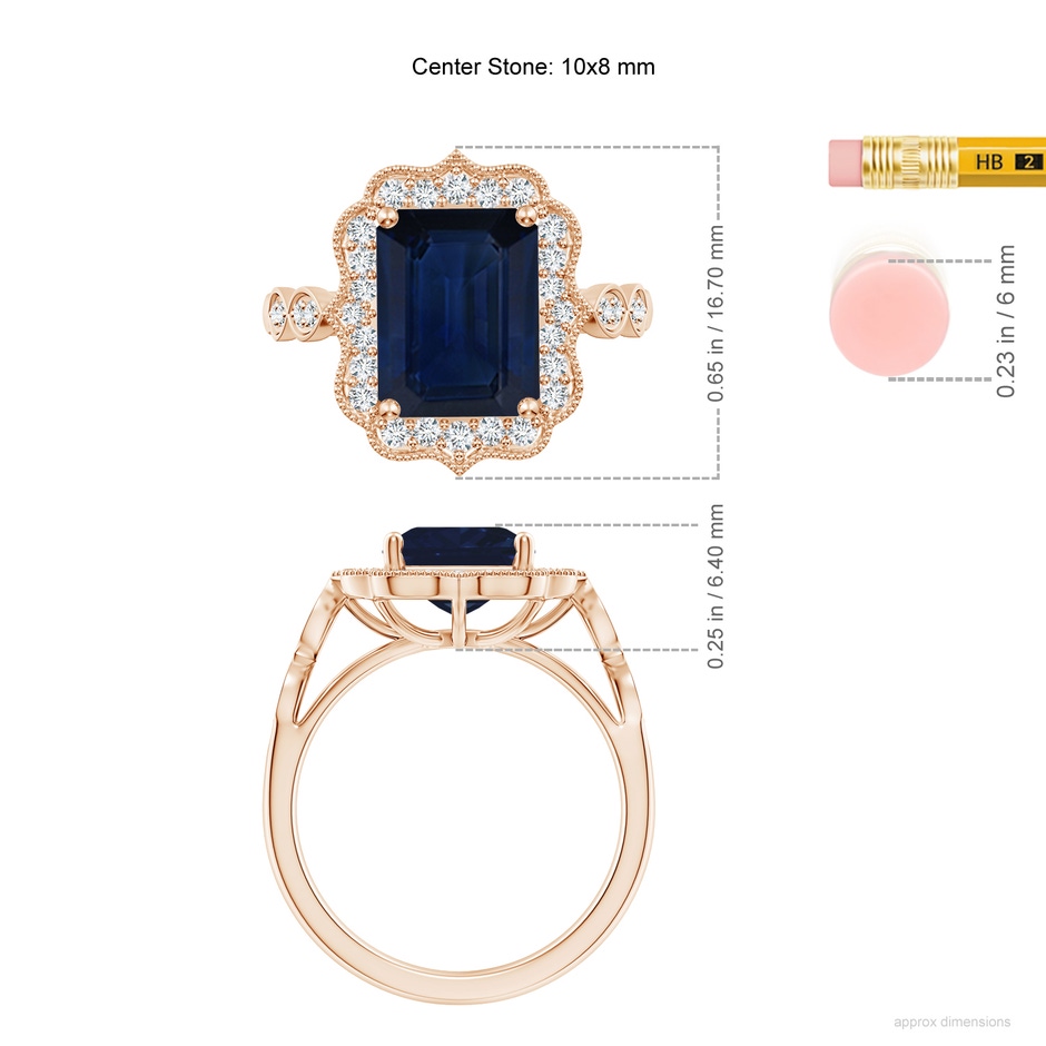 10x8mm AA Vintage Inspired Emerald-Cut Blue Sapphire Ornate Halo Engagement Ring in Rose Gold ruler