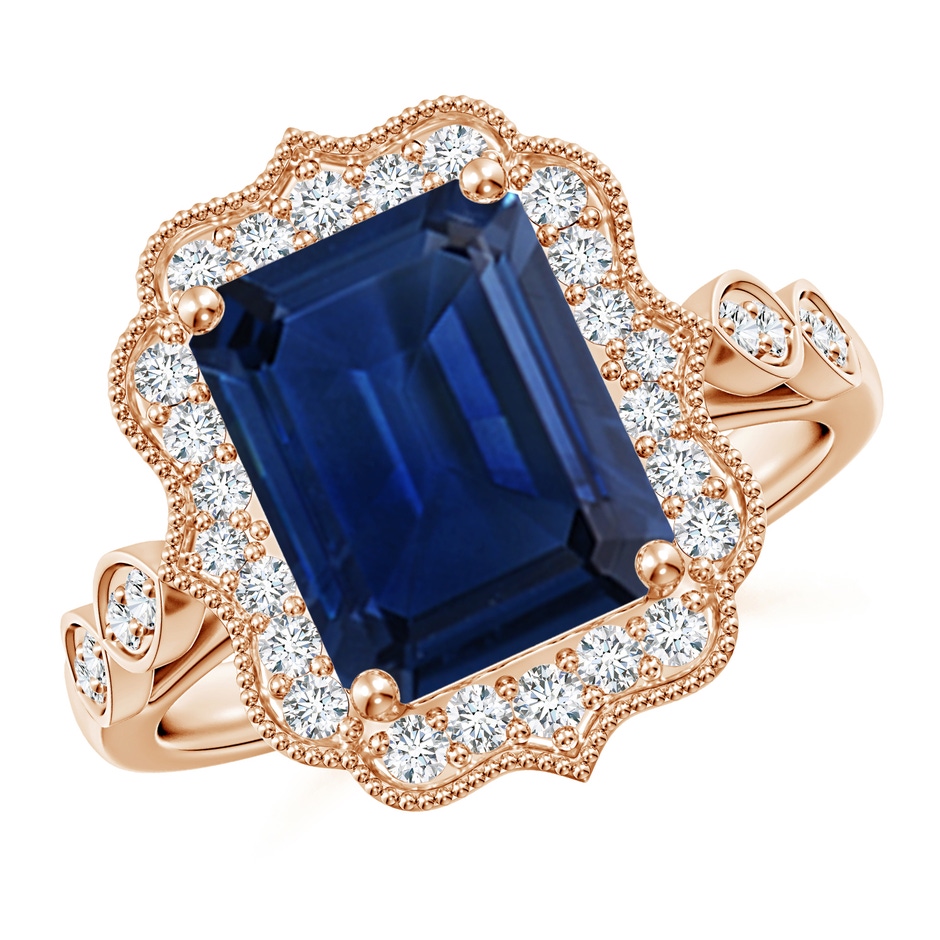 10x8mm AAA Vintage Inspired Emerald-Cut Blue Sapphire Ornate Halo Engagement Ring in Rose Gold 