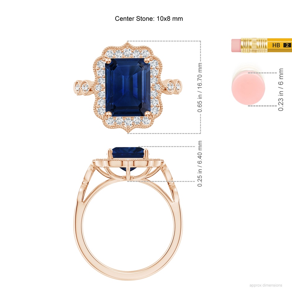10x8mm AAA Vintage Inspired Emerald-Cut Blue Sapphire Ornate Halo Engagement Ring in Rose Gold ruler