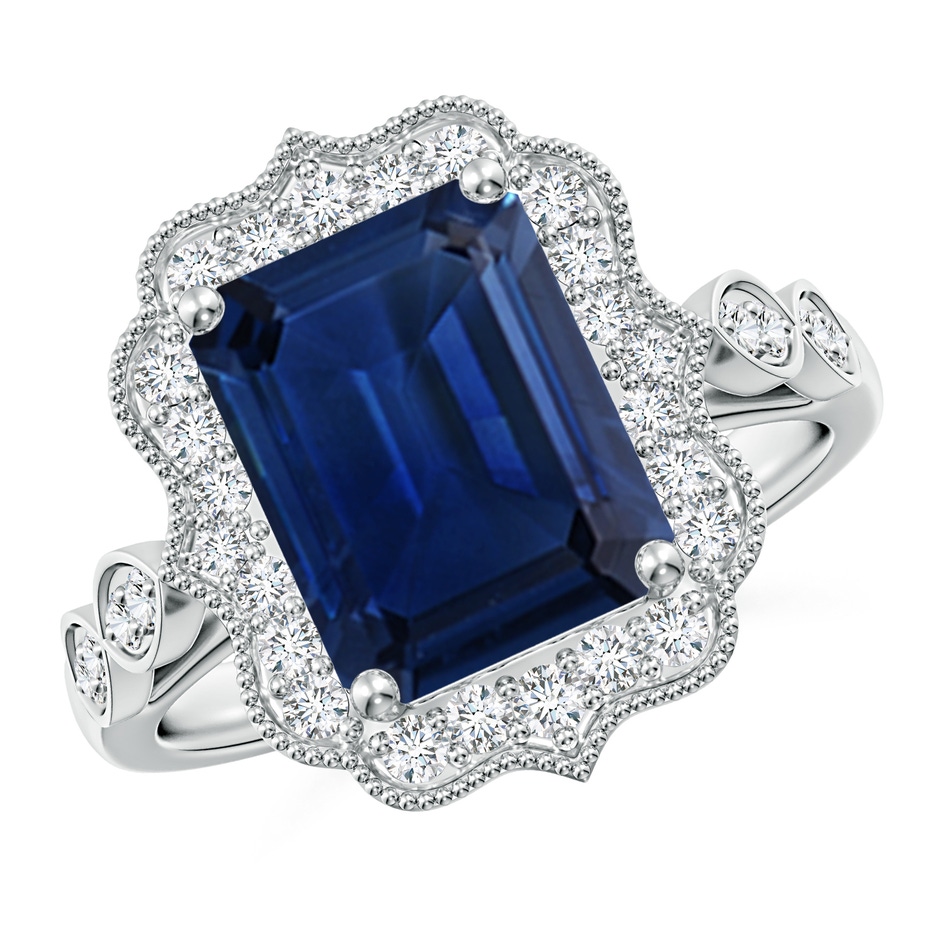 10x8mm AAA Vintage Inspired Emerald-Cut Blue Sapphire Ornate Halo Engagement Ring in White Gold 