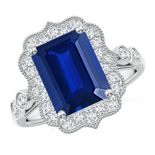 10x8mm AAAA Vintage Inspired Emerald-Cut Blue Sapphire Ornate Halo Engagement Ring in P950 Platinum