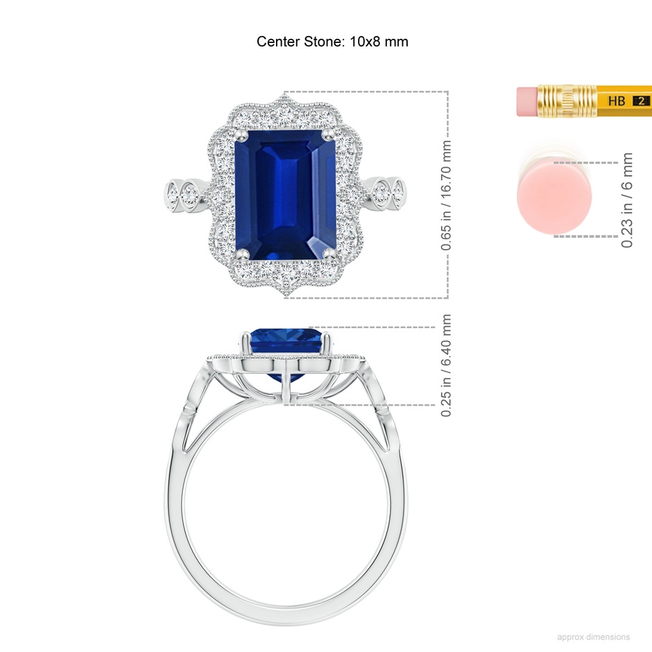 10x8mm AAAA Vintage Inspired Emerald-Cut Blue Sapphire Ornate Halo Engagement Ring in P950 Platinum ruler
