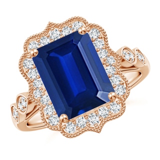 10x8mm AAAA Vintage Inspired Emerald-Cut Blue Sapphire Ornate Halo Engagement Ring in Rose Gold