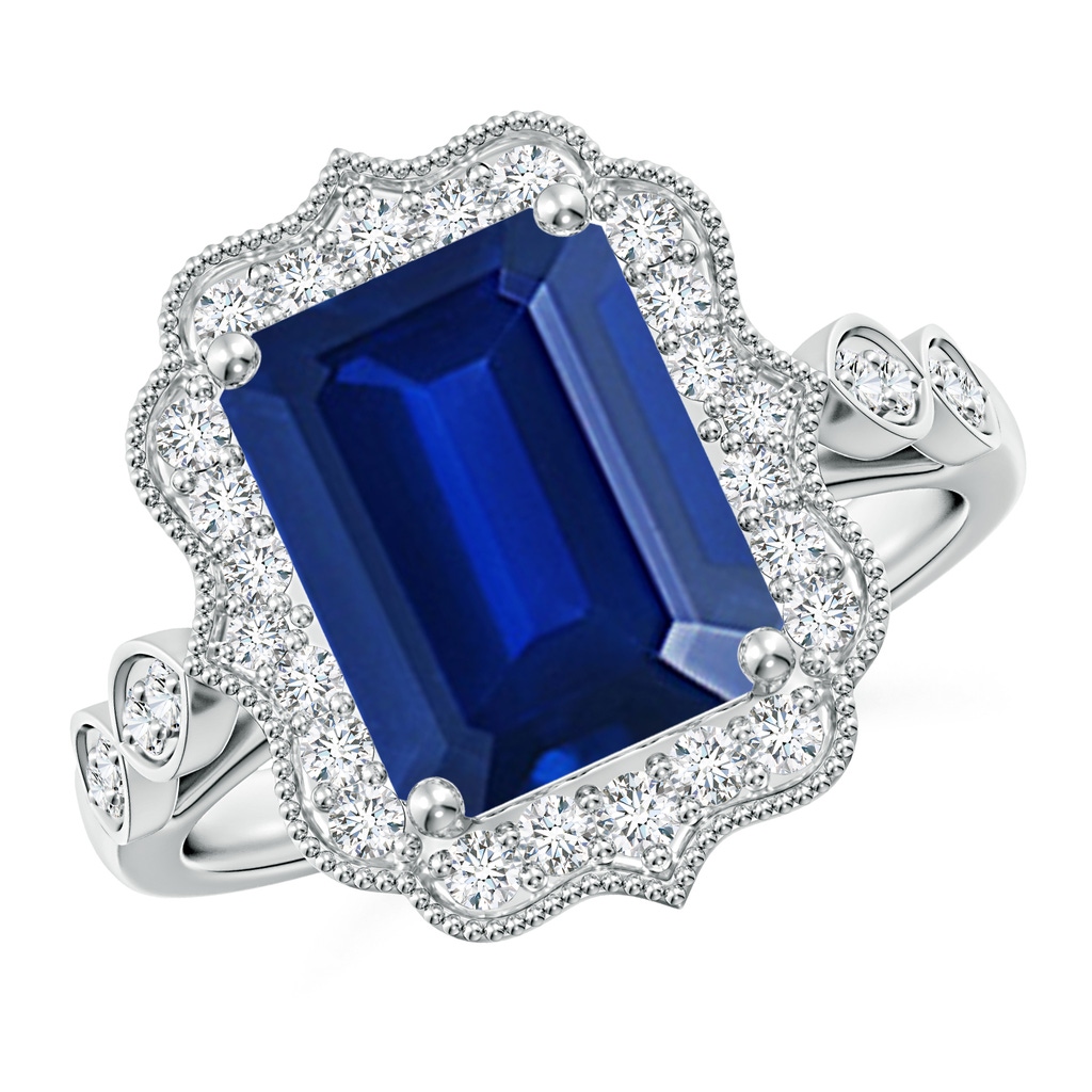 10x8mm Lab-Grown Vintage Inspired Emerald-Cut Blue Sapphire Ornate Halo Engagement Ring in White Gold