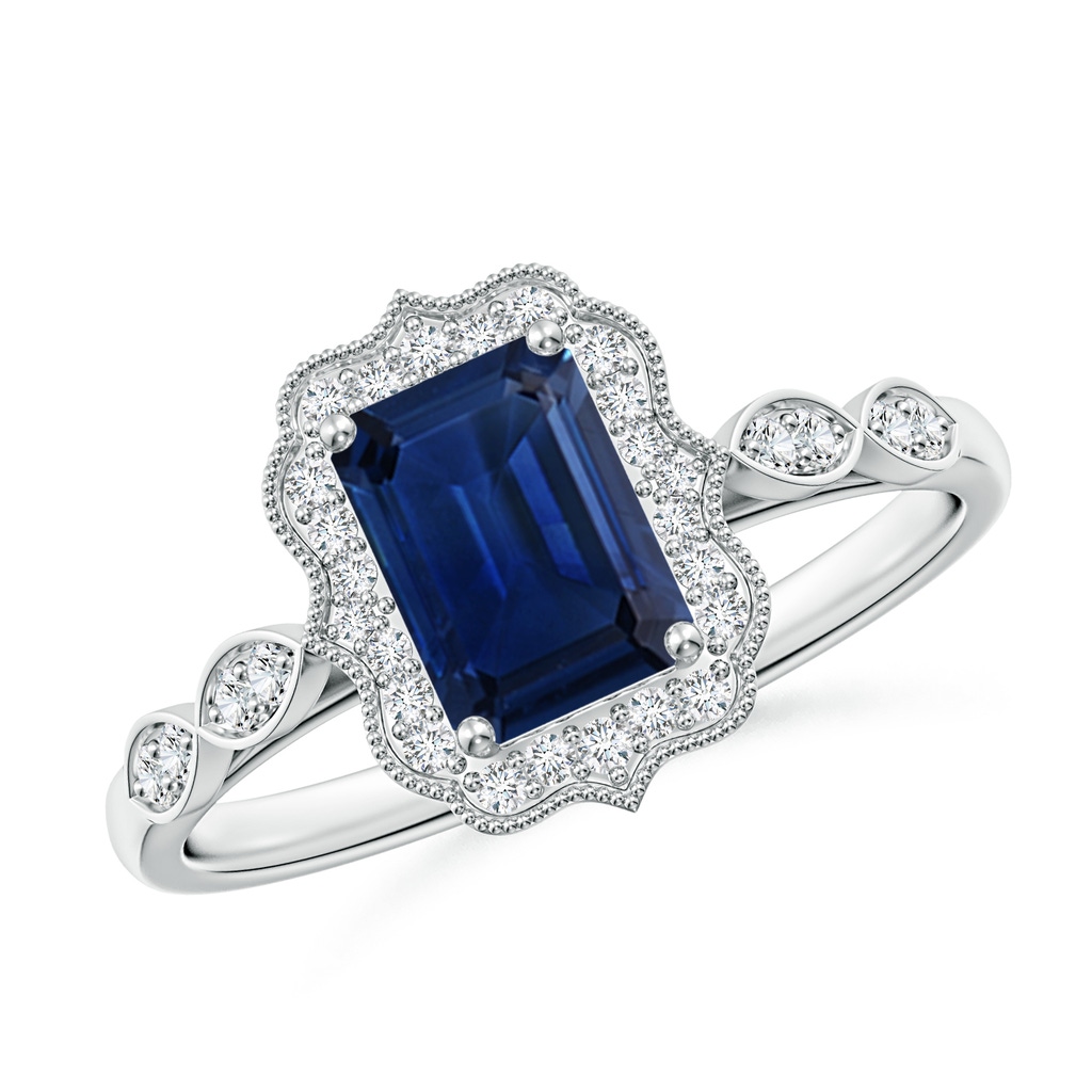 7x5mm AAA Vintage Inspired Emerald-Cut Blue Sapphire Ornate Halo Engagement Ring in P950 Platinum