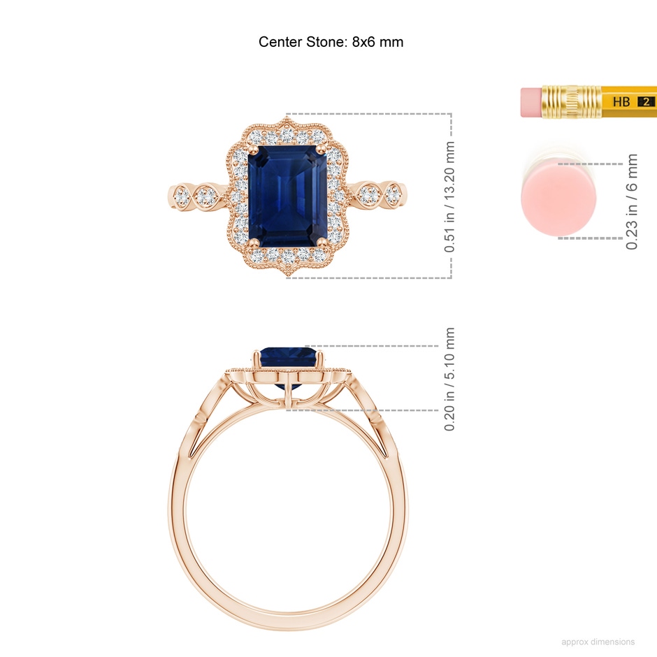 8x6mm AAA Vintage Inspired Emerald-Cut Blue Sapphire Ornate Halo Engagement Ring in Rose Gold ruler