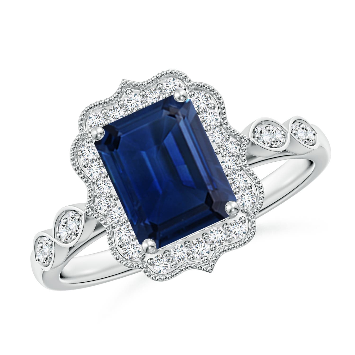 8x6mm AAA Vintage Inspired Emerald-Cut Blue Sapphire Ornate Halo Engagement Ring in White Gold