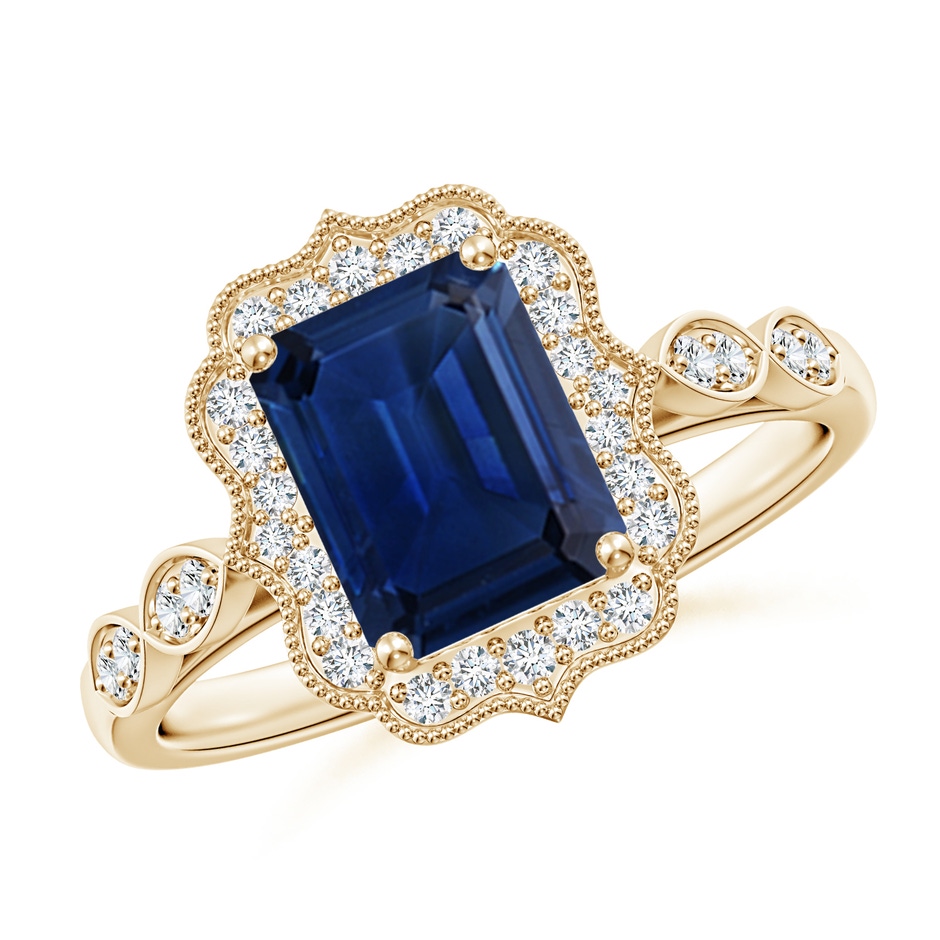 8x6mm AAA Vintage Inspired Emerald-Cut Blue Sapphire Ornate Halo Engagement Ring in Yellow Gold 