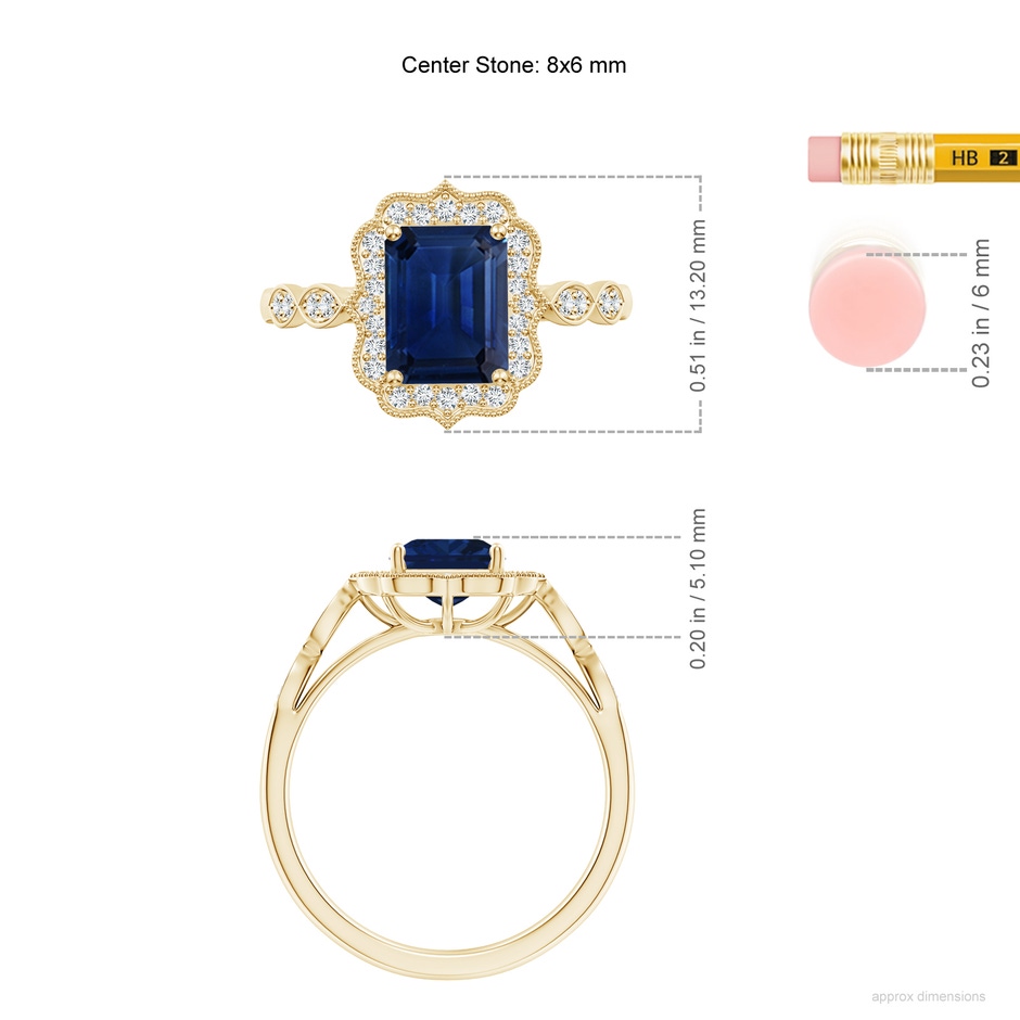 8x6mm AAA Vintage Inspired Emerald-Cut Blue Sapphire Ornate Halo Engagement Ring in Yellow Gold ruler