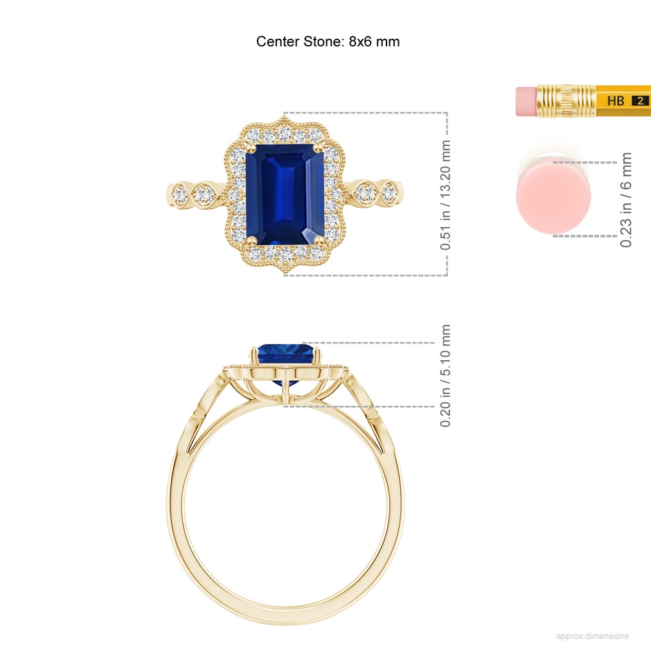 8x6mm AAAA Vintage Inspired Emerald-Cut Blue Sapphire Ornate Halo Engagement Ring in Yellow Gold ruler
