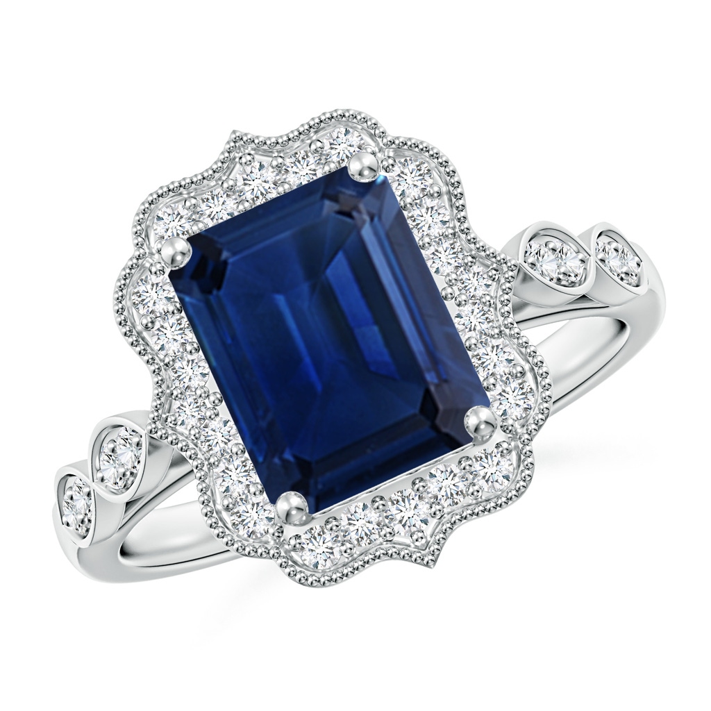 9x7mm AAA Vintage Inspired Emerald-Cut Blue Sapphire Ornate Halo Engagement Ring in White Gold