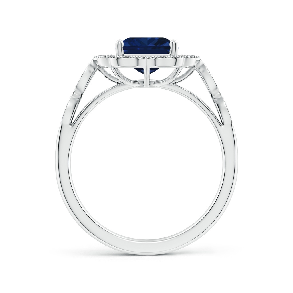 9x7mm AAA Vintage Inspired Emerald-Cut Blue Sapphire Ornate Halo Engagement Ring in White Gold - side 199