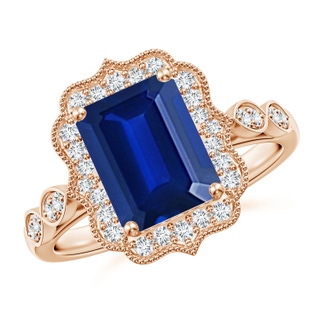 9x7mm AAAA Vintage Inspired Emerald-Cut Blue Sapphire Ornate Halo Engagement Ring in 9K Rose Gold