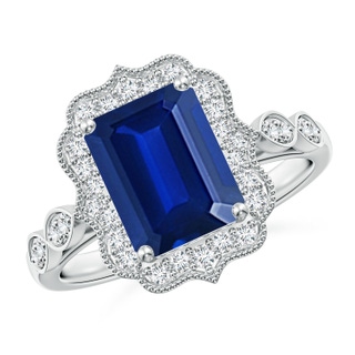 9x7mm AAAA Vintage Inspired Emerald-Cut Blue Sapphire Ornate Halo Engagement Ring in P950 Platinum