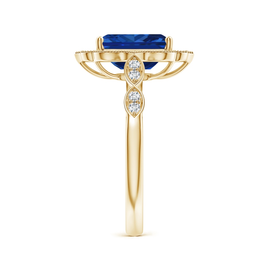 9x7mm AAAA Vintage Inspired Emerald-Cut Blue Sapphire Ornate Halo Engagement Ring in Yellow Gold side 299