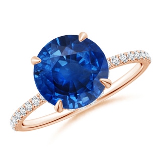 9mm AAA Round Blue Sapphire Hidden Halo Classic Engagement Ring in Rose Gold