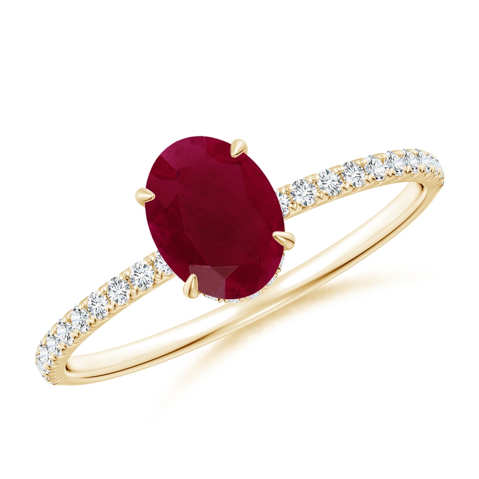 7x5mm A Oval Ruby Hidden Halo Classic Engagement Ring in Yellow Gold 