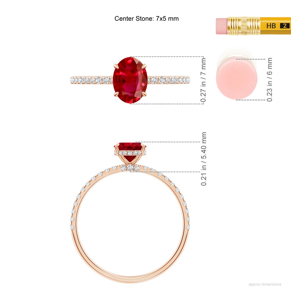 7x5mm AAA Oval Ruby Hidden Halo Classic Engagement Ring in Rose Gold ruler