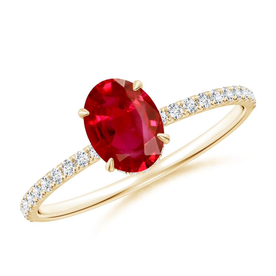 7x5mm AAA Oval Ruby Hidden Halo Classic Engagement Ring in Yellow Gold 
