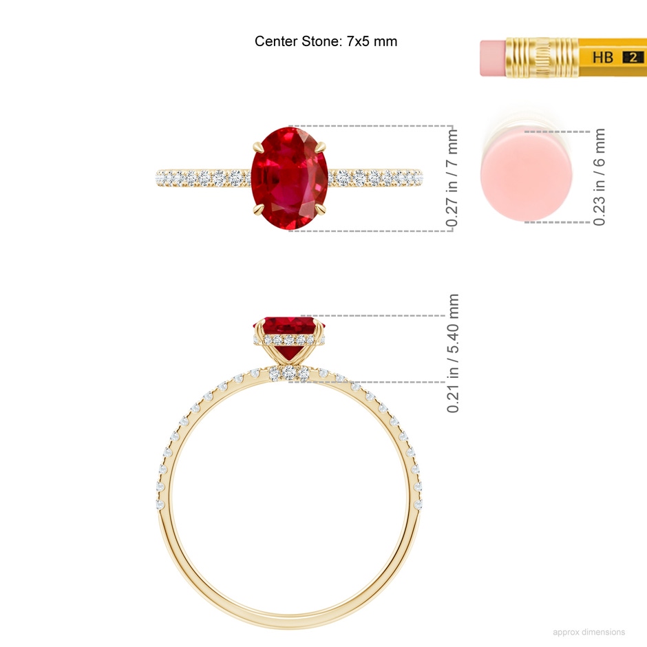 7x5mm AAA Oval Ruby Hidden Halo Classic Engagement Ring in Yellow Gold ruler