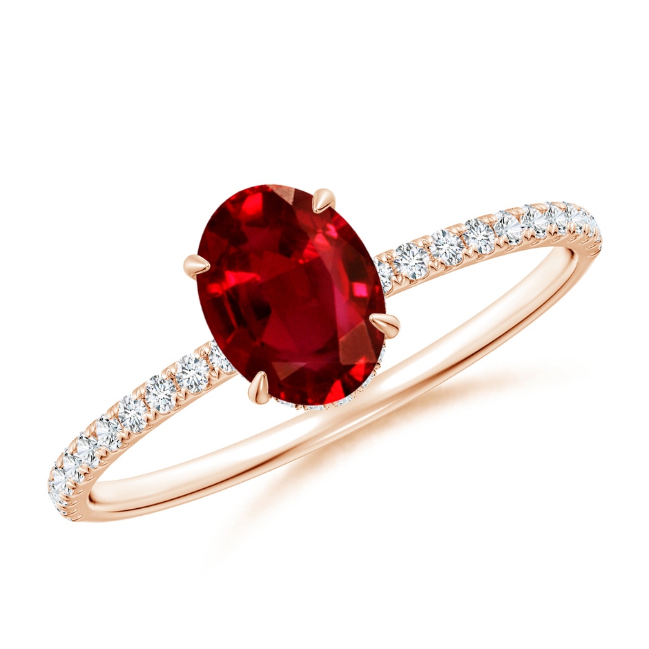 7x5mm AAAA Oval Ruby Hidden Halo Classic Engagement Ring in Rose Gold 