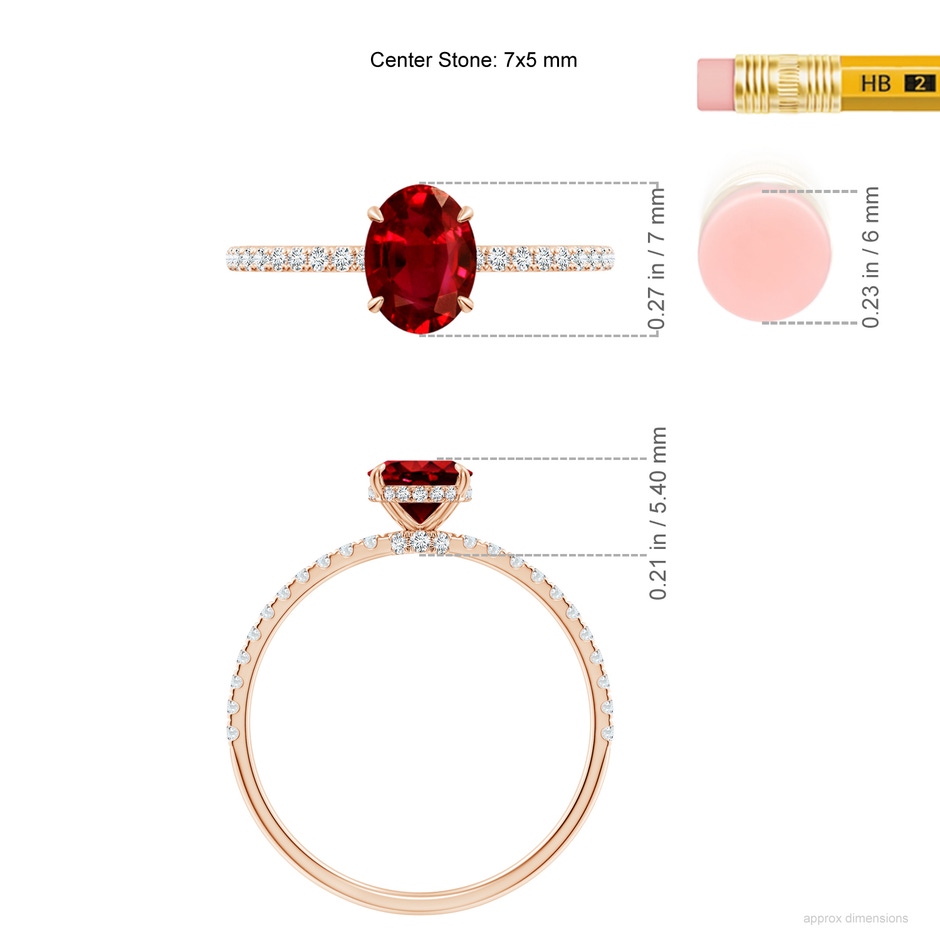 7x5mm AAAA Oval Ruby Hidden Halo Classic Engagement Ring in Rose Gold ruler