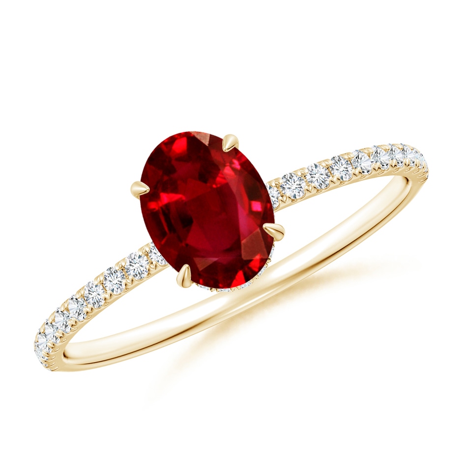 7x5mm AAAA Oval Ruby Hidden Halo Classic Engagement Ring in Yellow Gold 