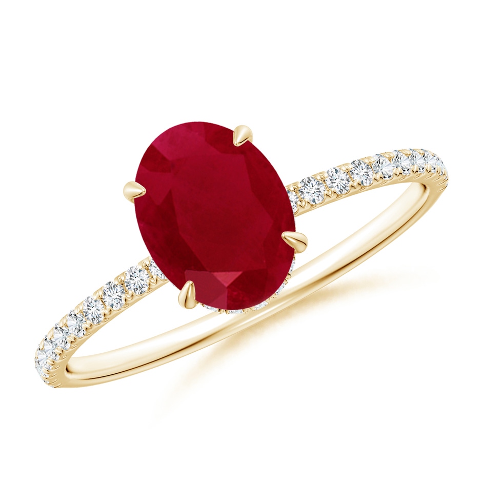 8x6mm AA Oval Ruby Hidden Halo Classic Engagement Ring in Yellow Gold 