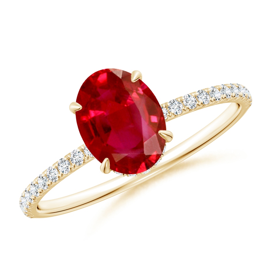 8x6mm AAA Oval Ruby Hidden Halo Classic Engagement Ring in Yellow Gold 