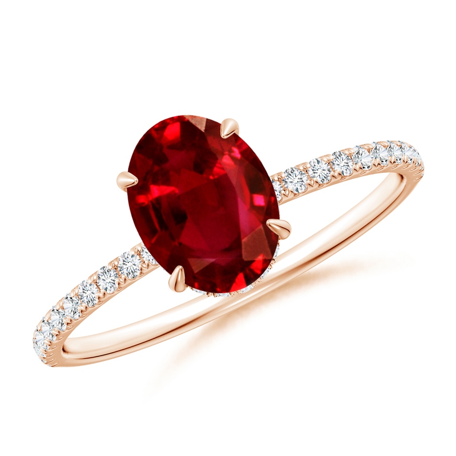 8x6mm AAAA Oval Ruby Hidden Halo Classic Engagement Ring in 18K Rose Gold 