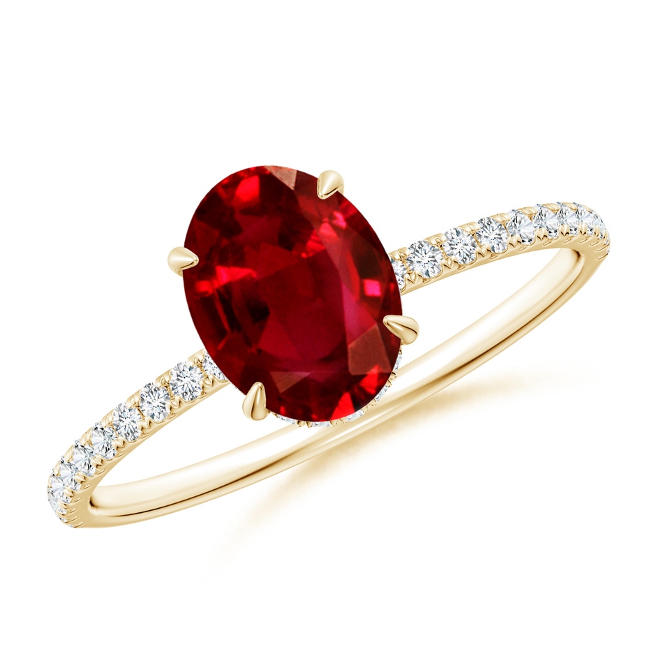 8x6mm AAAA Oval Ruby Hidden Halo Classic Engagement Ring in Yellow Gold 