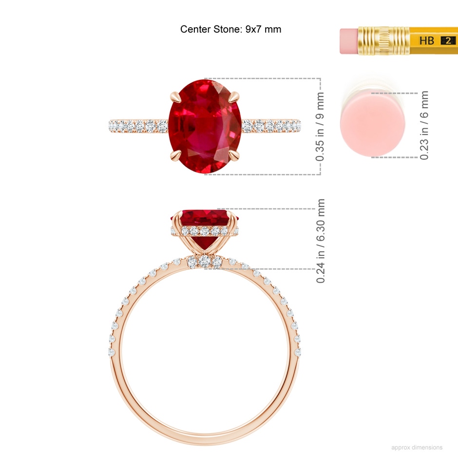 9x7mm AAA Oval Ruby Hidden Halo Classic Engagement Ring in 18K Rose Gold ruler