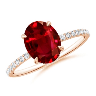 9x7mm AAAA Oval Ruby Hidden Halo Classic Engagement Ring in 18K Rose Gold