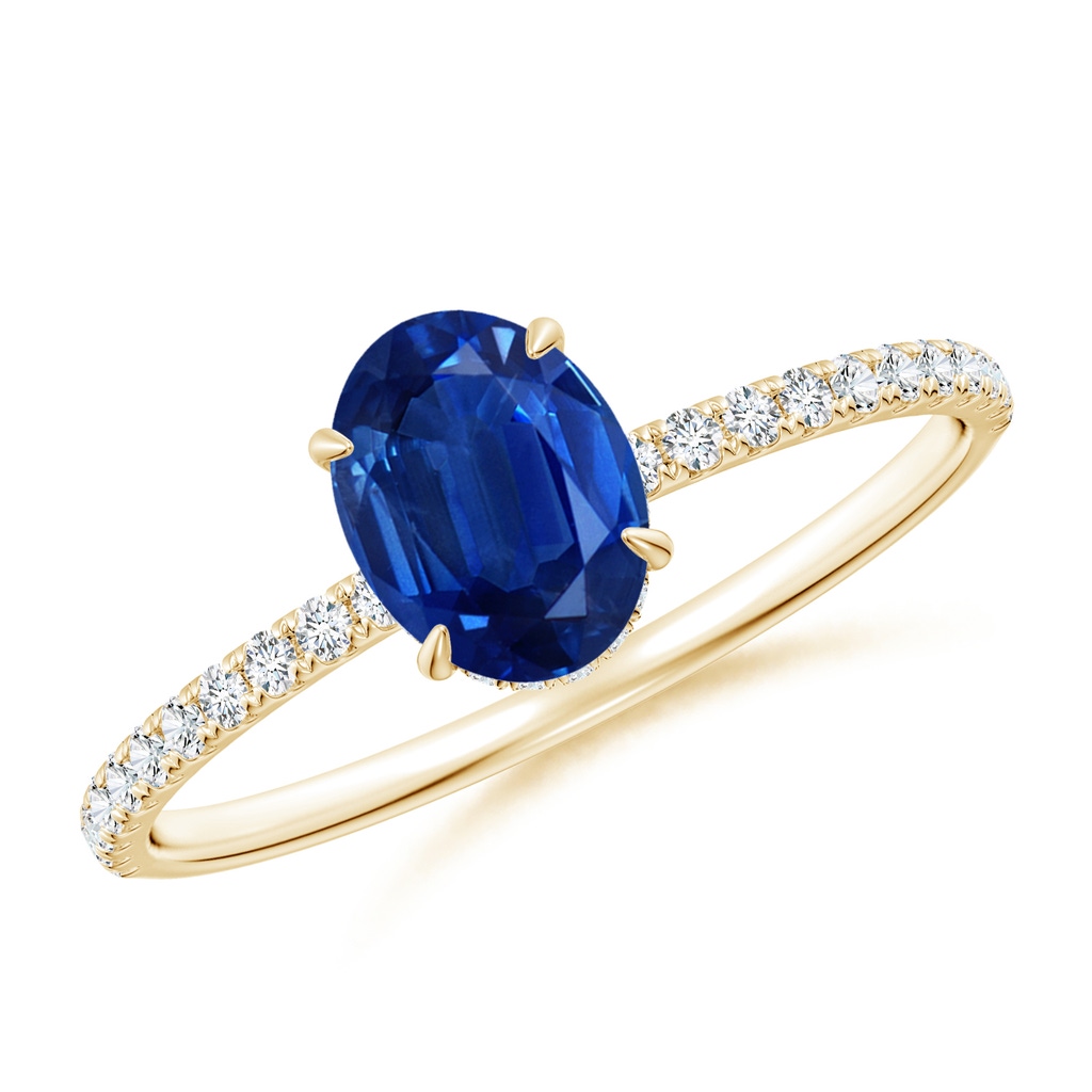 7x5mm AAA Oval Blue Sapphire Hidden Halo Classic Engagement Ring in Yellow Gold