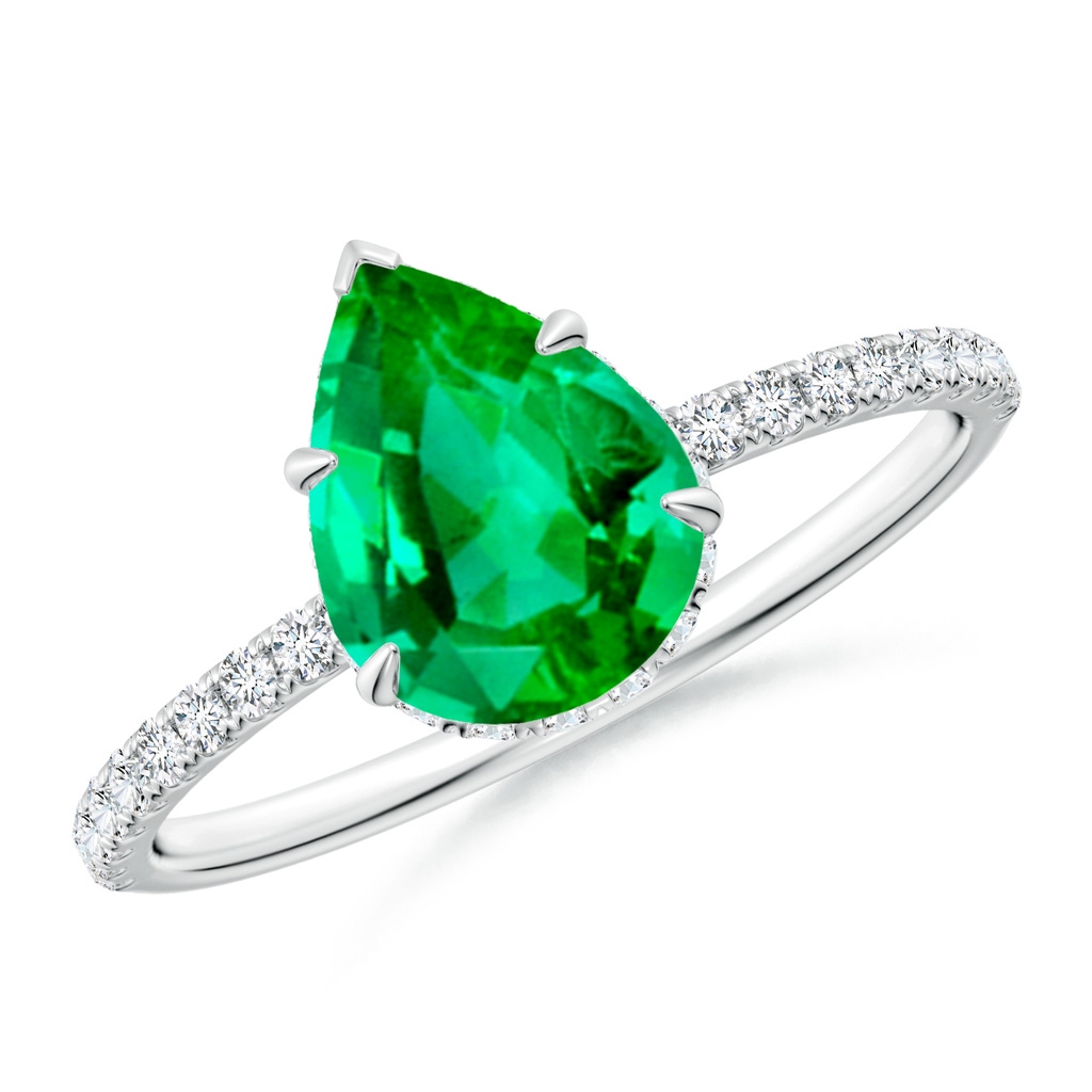 9x7mm AAA Pear Emerald Hidden Halo Classic Engagement Ring in White Gold