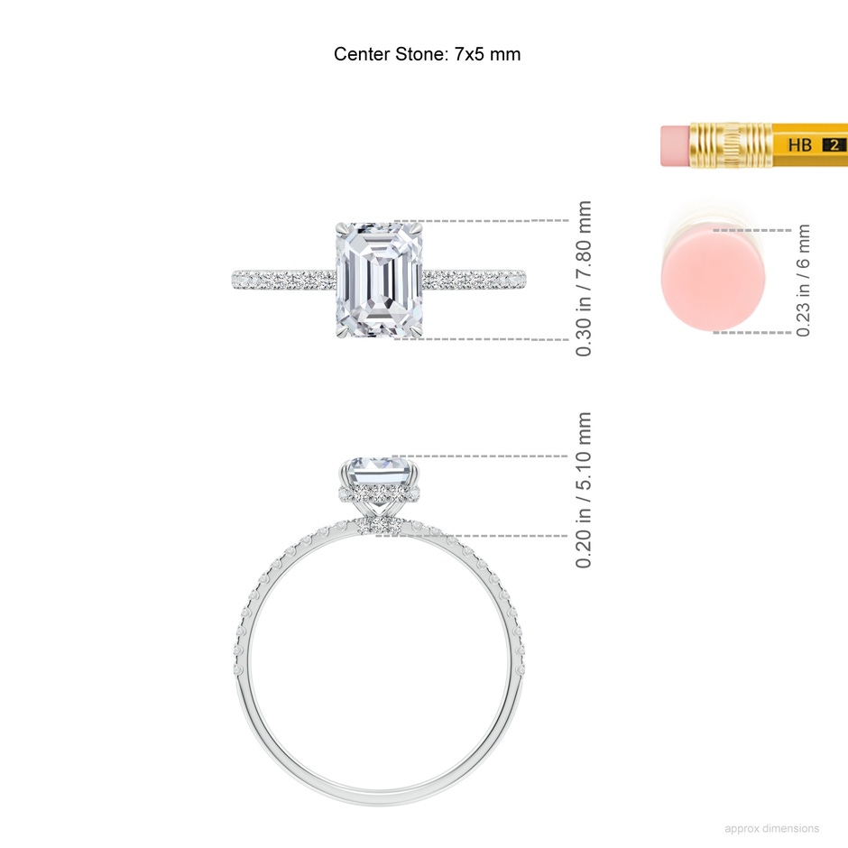 7x5mm HSI2 Emerald-Cut Diamond Hidden Halo Classic Engagement Ring in White Gold ruler