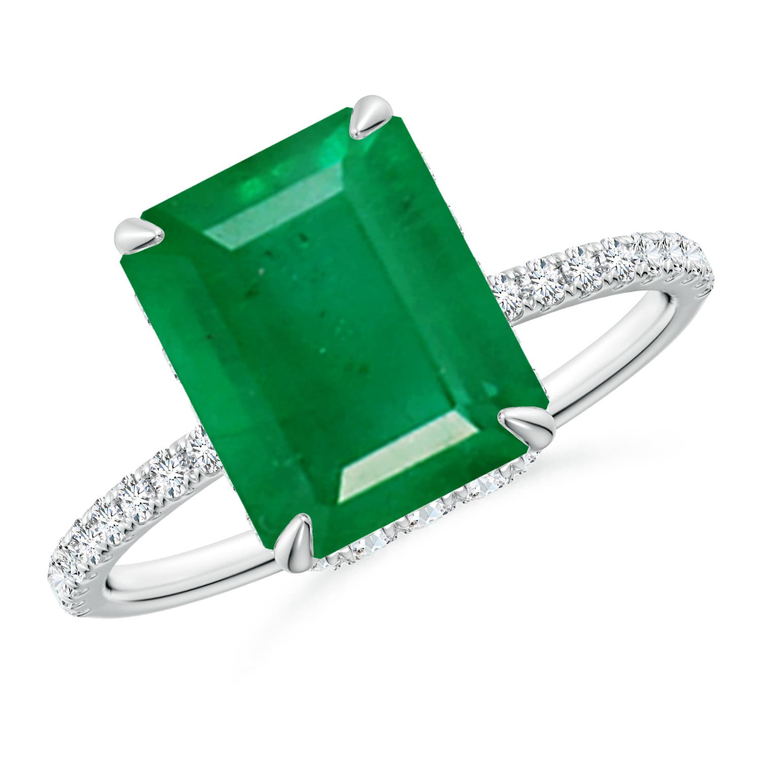10x8mm AA Emerald-Cut Emerald Hidden Halo Classic Engagement Ring in White Gold