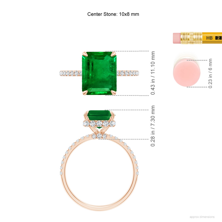 10x8mm AAAA Emerald-Cut Emerald Hidden Halo Classic Engagement Ring in 18K Rose Gold ruler