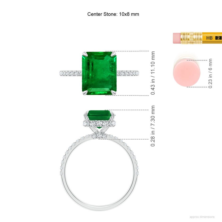 10x8mm AAAA Emerald-Cut Emerald Hidden Halo Classic Engagement Ring in P950 Platinum ruler