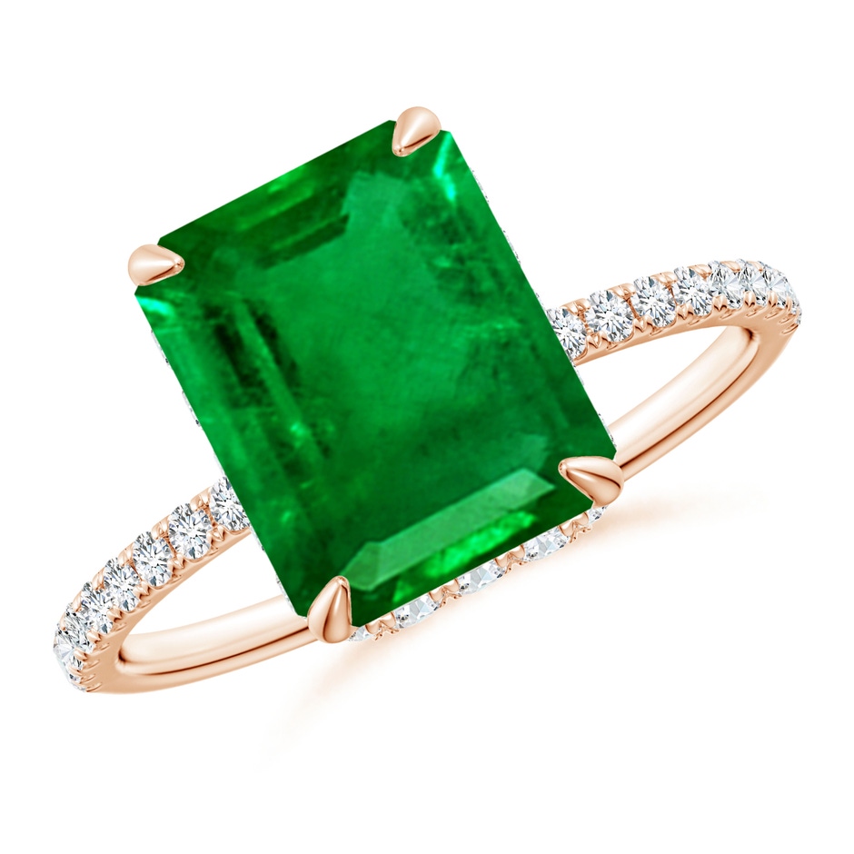 10x8mm AAAA Emerald-Cut Emerald Hidden Halo Classic Engagement Ring in Rose Gold 