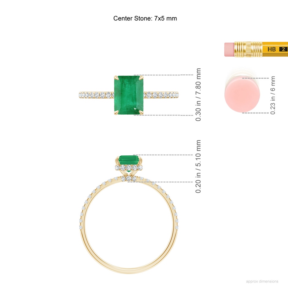 7x5mm A Emerald-Cut Emerald Hidden Halo Classic Engagement Ring in Yellow Gold ruler