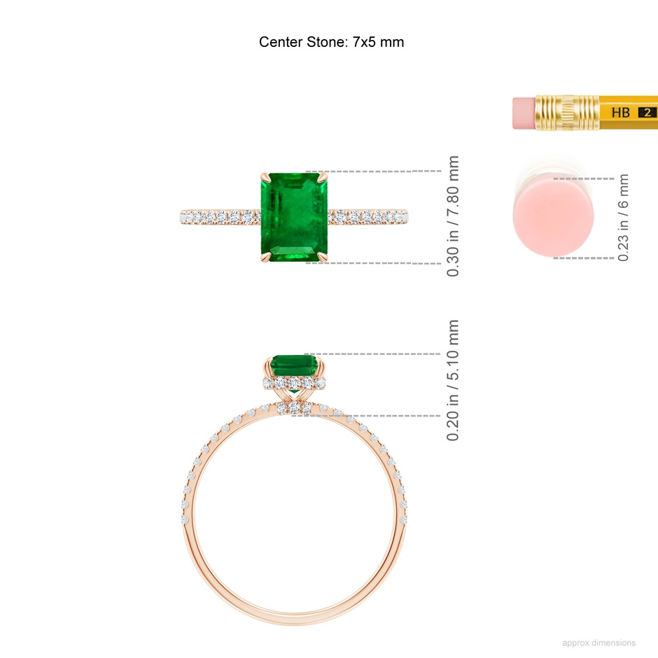 7x5mm AAAA Emerald-Cut Emerald Hidden Halo Classic Engagement Ring in Rose Gold ruler