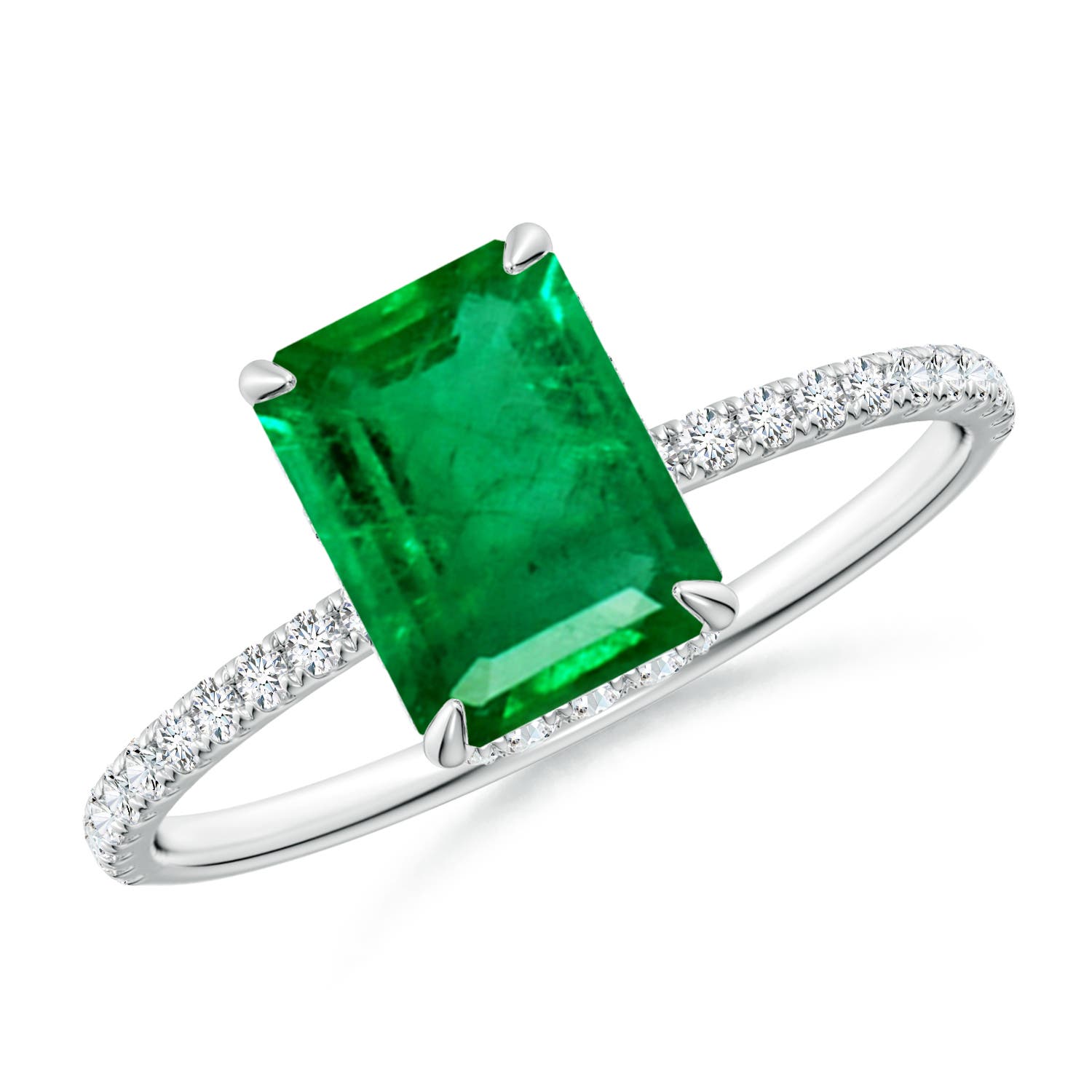 8x6mm AAA Emerald-Cut Emerald Hidden Halo Classic Engagement Ring in White Gold
