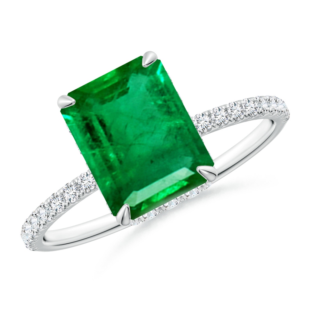 9x7mm AAA Emerald-Cut Emerald Hidden Halo Classic Engagement Ring in White Gold