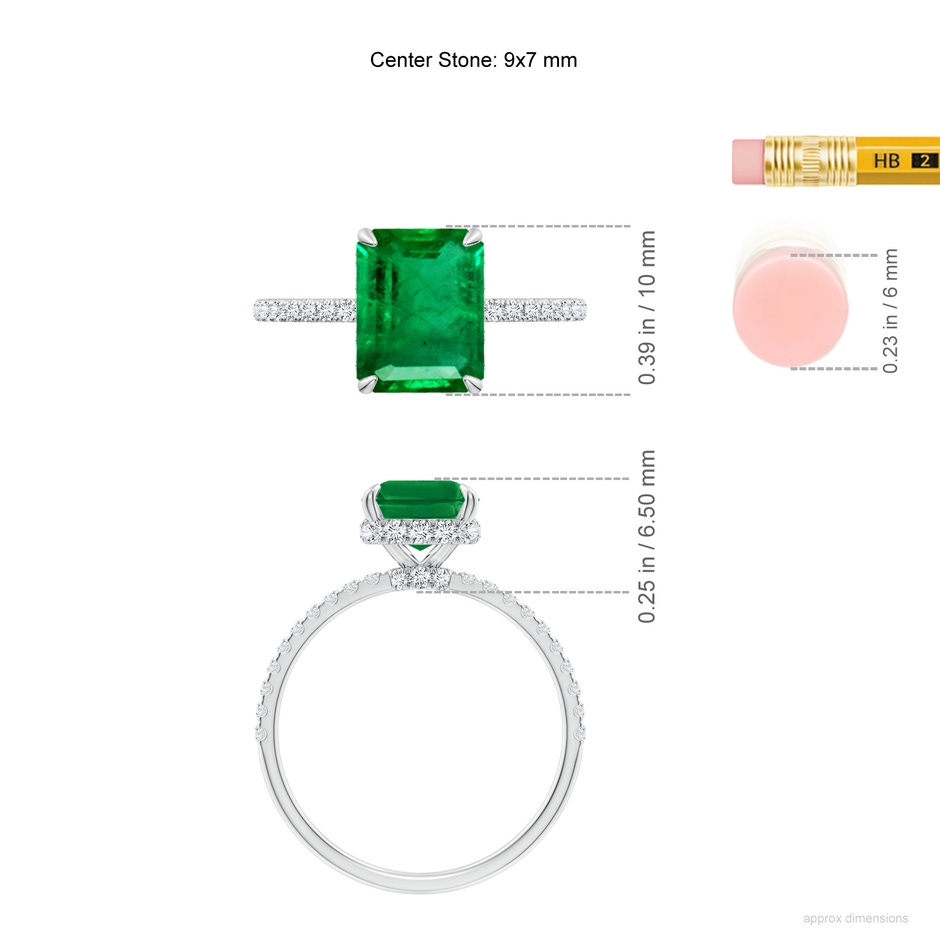 9x7mm AAA Emerald-Cut Emerald Hidden Halo Classic Engagement Ring in White Gold ruler