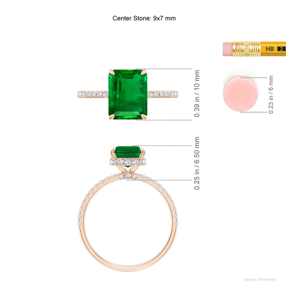 9x7mm AAAA Emerald-Cut Emerald Hidden Halo Classic Engagement Ring in 18K Rose Gold ruler