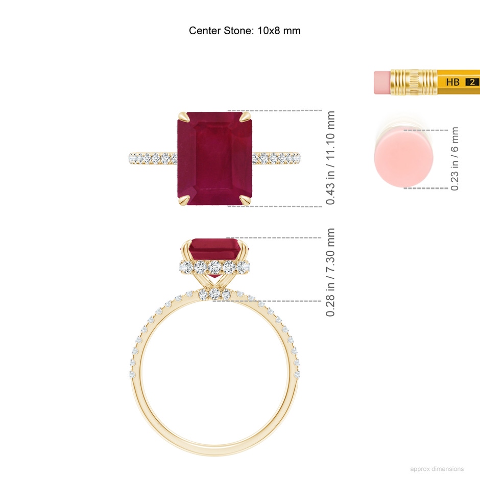 10x8mm A Emerald-Cut Ruby Hidden Halo Classic Engagement Ring in Yellow Gold ruler