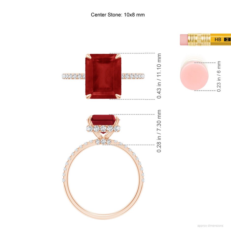 10x8mm AA Emerald-Cut Ruby Hidden Halo Classic Engagement Ring in 18K Rose Gold ruler