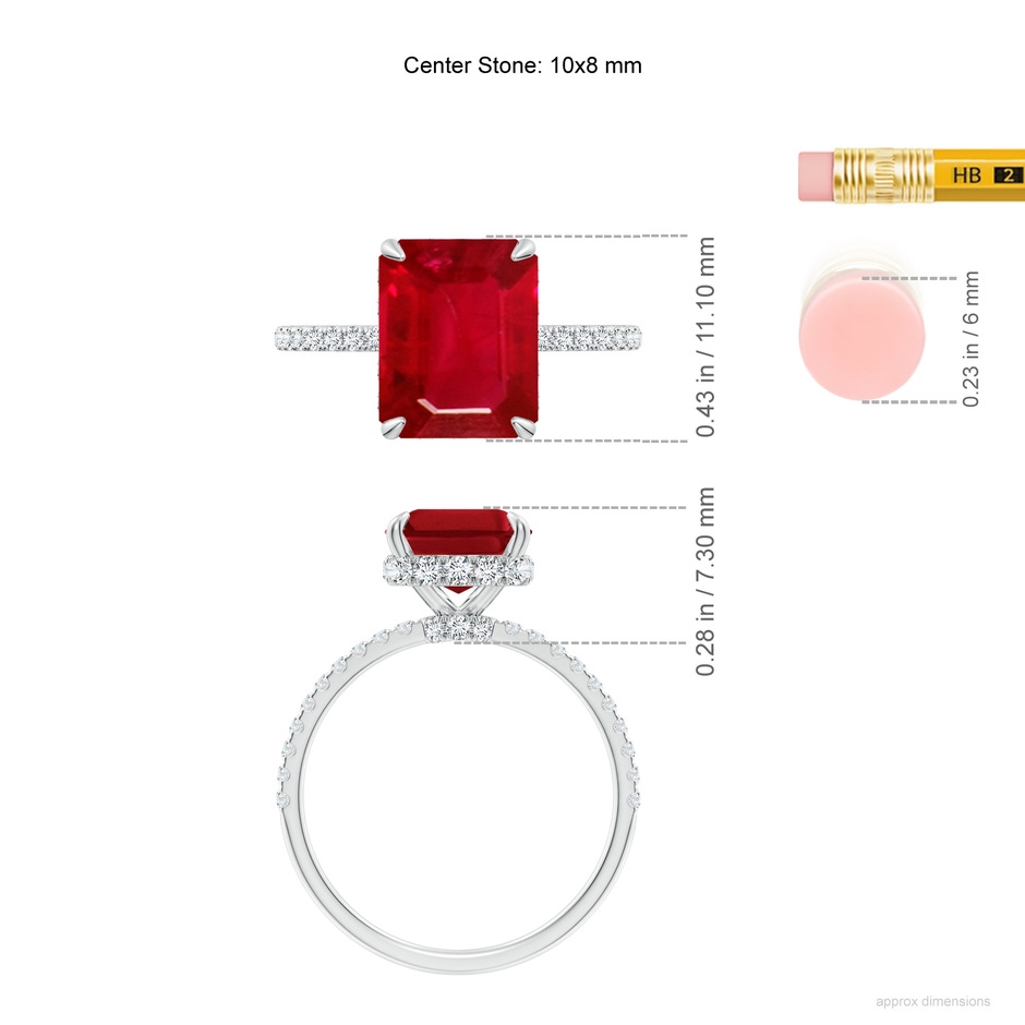 10x8mm AAA Emerald-Cut Ruby Hidden Halo Classic Engagement Ring in P950 Platinum ruler