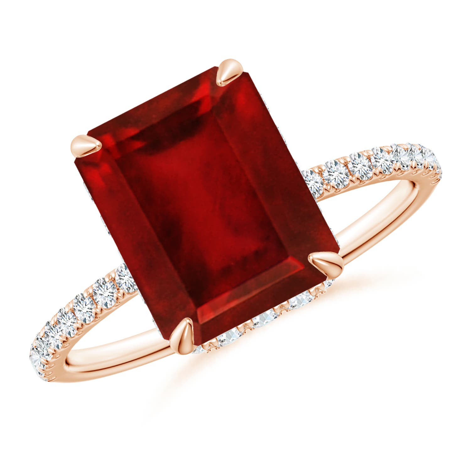 10x8mm AAAA Emerald-Cut Ruby Hidden Halo Classic Engagement Ring in Rose Gold